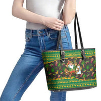 Jamaica Christmas Leather Tote Bag with Rasta Santa Snowman Gingerbread Drummer Palm Trees and Green Yellow Knit Pattern Design - Wonder Print Shop