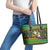 Jamaica Christmas Leather Tote Bag with Rasta Santa Snowman Gingerbread Drummer Palm Trees and Green Yellow Knit Pattern Design - Wonder Print Shop