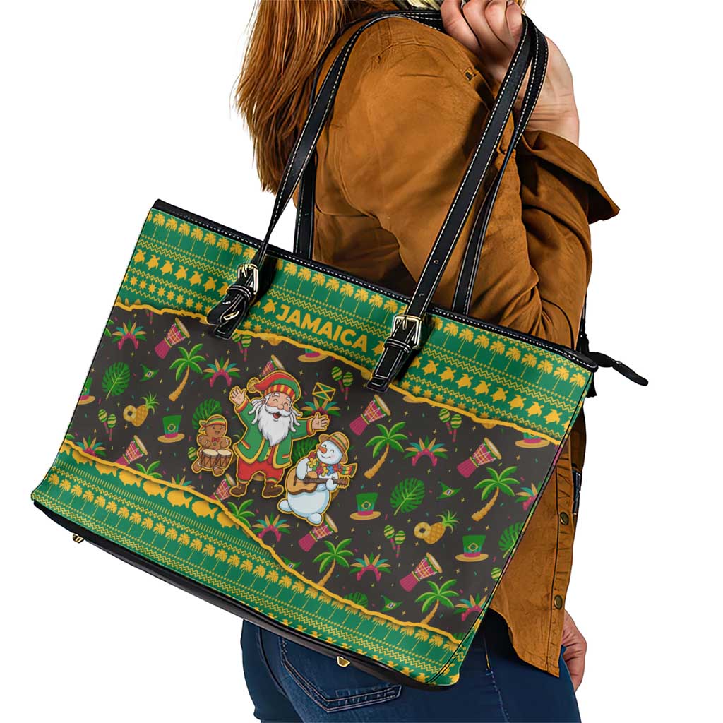 Jamaica Christmas Leather Tote Bag with Rasta Santa Snowman Gingerbread Drummer Palm Trees and Green Yellow Knit Pattern Design - Wonder Print Shop