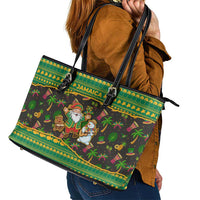 Jamaica Christmas Leather Tote Bag with Rasta Santa Snowman Gingerbread Drummer Palm Trees and Green Yellow Knit Pattern Design - Wonder Print Shop