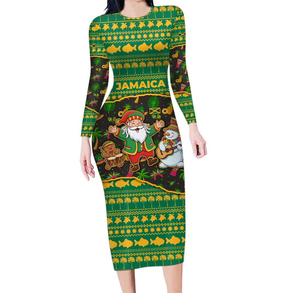 Jamaica Christmas Long Sleeve Bodycon Dress with Rasta Santa Snowman Gingerbread Drummer Palm Trees and Green Yellow Knit Pattern Design - Wonder Print Shop