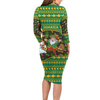 Jamaica Christmas Long Sleeve Bodycon Dress with Rasta Santa Snowman Gingerbread Drummer Palm Trees and Green Yellow Knit Pattern Design - Wonder Print Shop