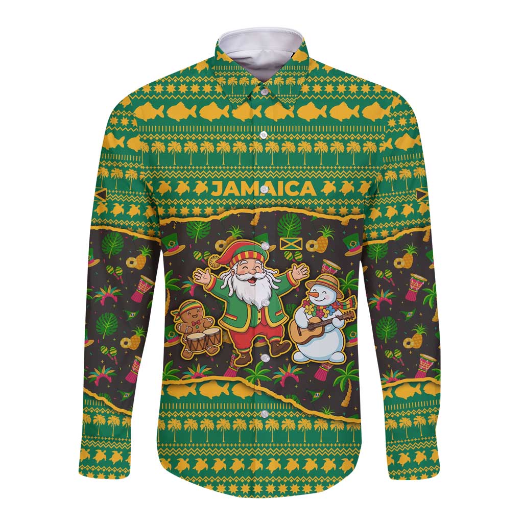 Jamaica Christmas Long Sleeve Button Shirt with Rasta Santa Snowman Gingerbread Drummer Palm Trees and Green Yellow Knit Pattern Design - Wonder Print Shop