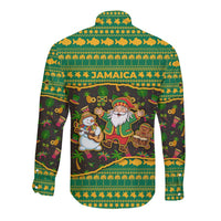 Jamaica Christmas Long Sleeve Button Shirt with Rasta Santa Snowman Gingerbread Drummer Palm Trees and Green Yellow Knit Pattern Design - Wonder Print Shop