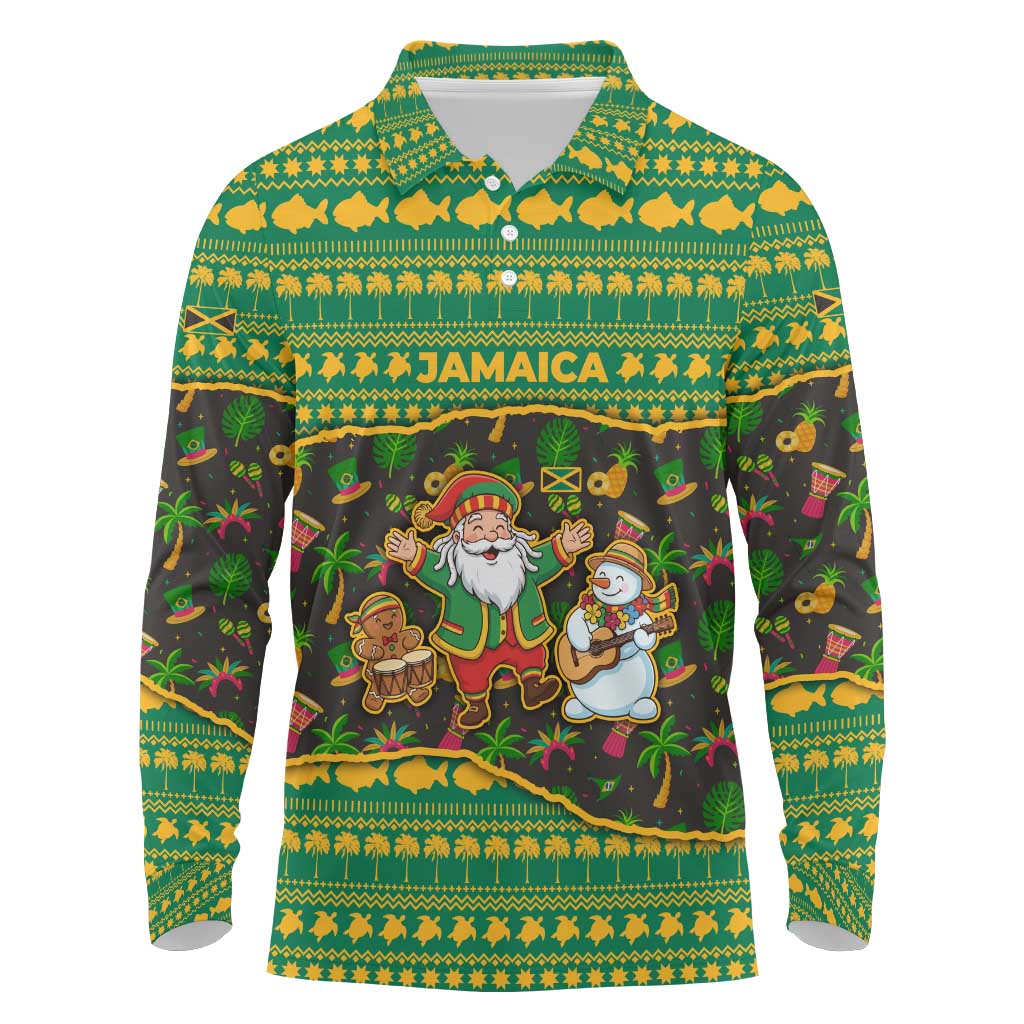 Jamaica Christmas Long Sleeve Polo Shirt with Rasta Santa Snowman Gingerbread Drummer Palm Trees and Green Yellow Knit Pattern Design - Wonder Print Shop