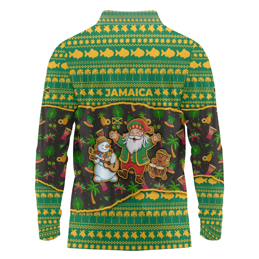 Jamaica Christmas Long Sleeve Polo Shirt with Rasta Santa Snowman Gingerbread Drummer Palm Trees and Green Yellow Knit Pattern Design - Wonder Print Shop