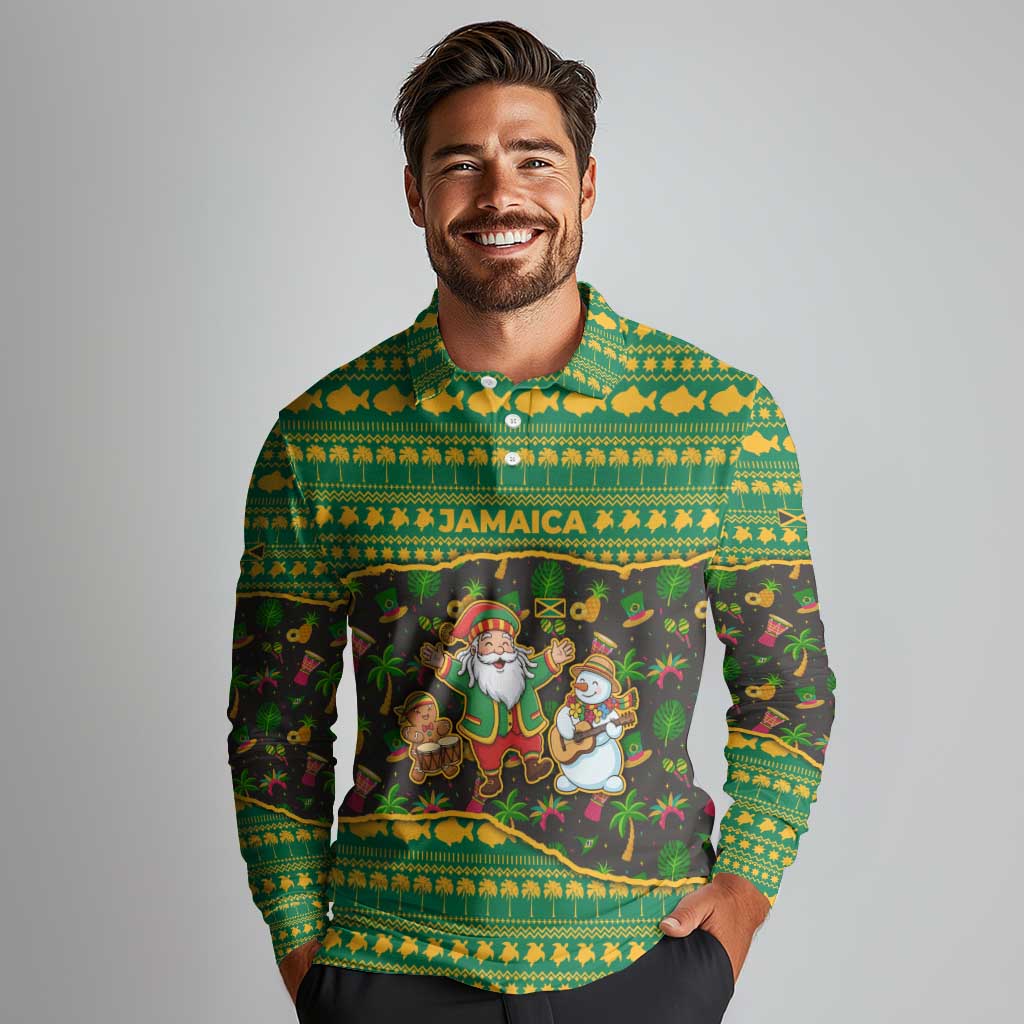 Jamaica Christmas Long Sleeve Polo Shirt with Rasta Santa Snowman Gingerbread Drummer Palm Trees and Green Yellow Knit Pattern Design - Wonder Print Shop