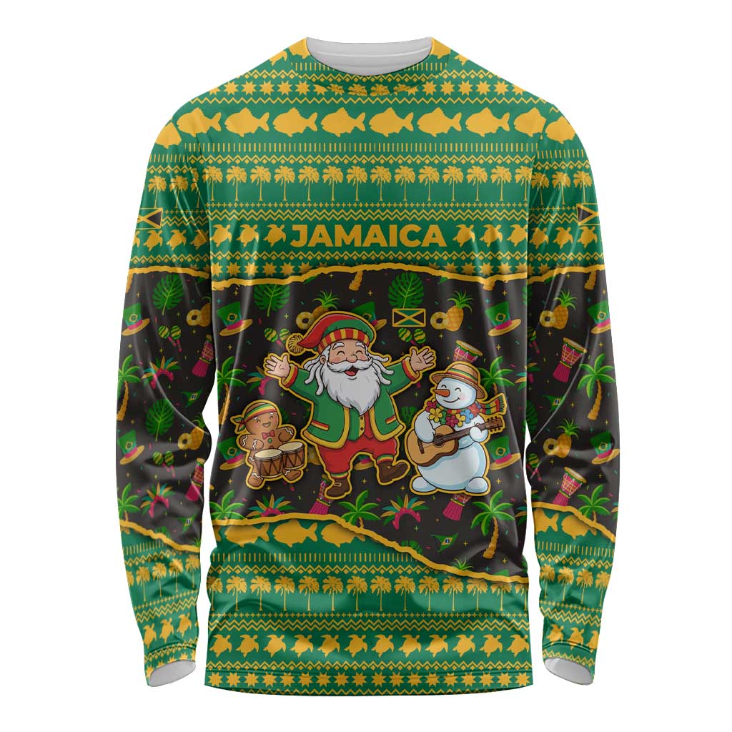 Jamaica Christmas Long Sleeve Shirt with Rasta Santa Snowman Gingerbread Drummer Palm Trees and Green Yellow Knit Pattern Design - Wonder Print Shop