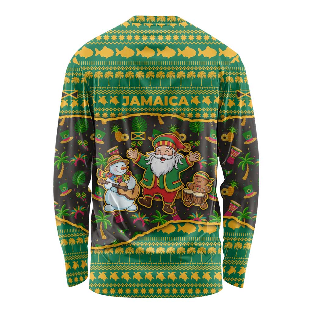 Jamaica Christmas Long Sleeve Shirt with Rasta Santa Snowman Gingerbread Drummer Palm Trees and Green Yellow Knit Pattern Design - Wonder Print Shop