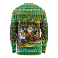 Jamaica Christmas Long Sleeve Shirt with Rasta Santa Snowman Gingerbread Drummer Palm Trees and Green Yellow Knit Pattern Design - Wonder Print Shop