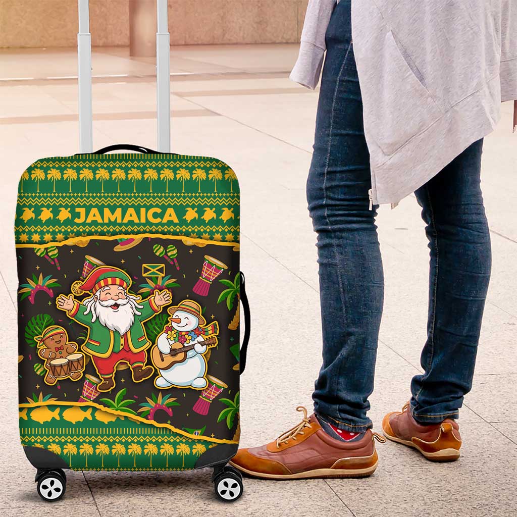 Jamaica Christmas Luggage Cover with Rasta Santa Snowman Gingerbread Drummer Palm Trees and Green Yellow Knit Pattern Design - Wonder Print Shop