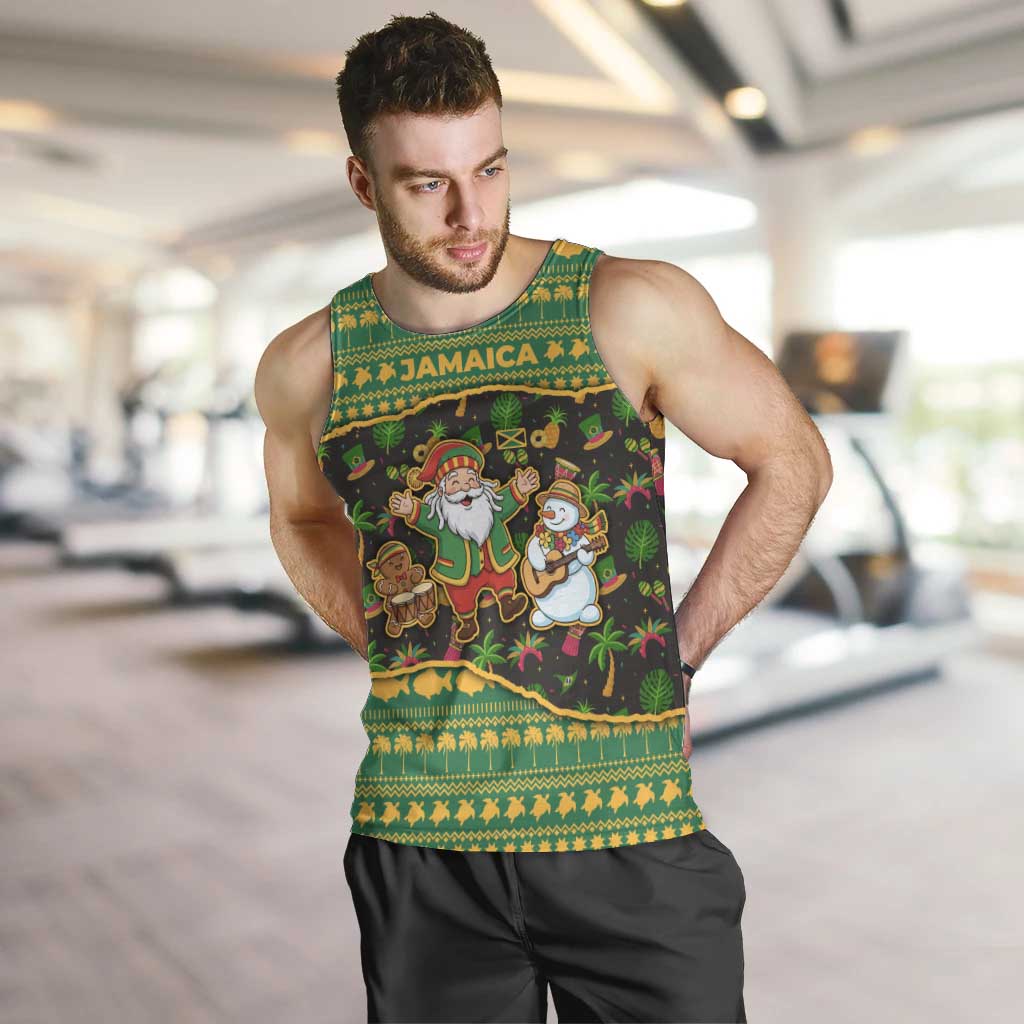 Jamaica Christmas Men Tank Top with Rasta Santa Snowman Gingerbread Drummer Palm Trees and Green Yellow Knit Pattern Design - Wonder Print Shop