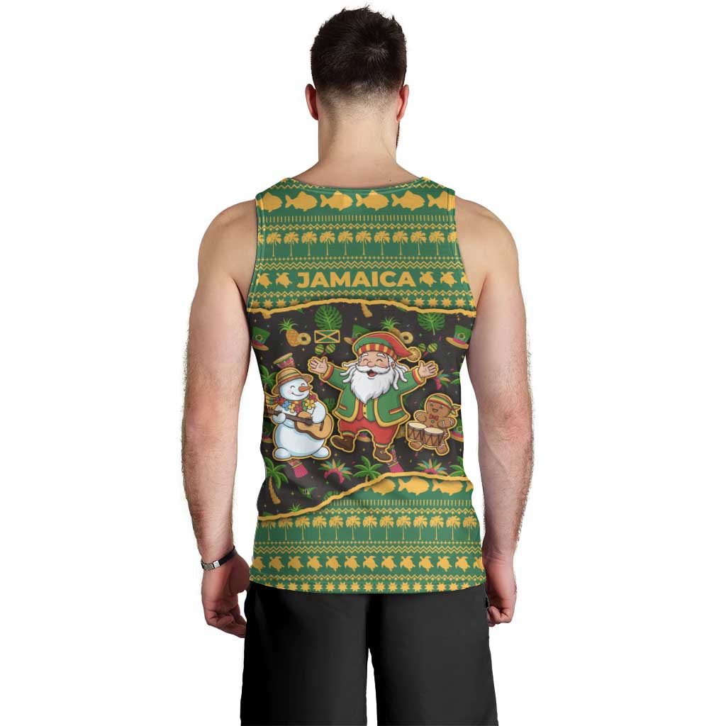 Jamaica Christmas Men Tank Top with Rasta Santa Snowman Gingerbread Drummer Palm Trees and Green Yellow Knit Pattern Design - Wonder Print Shop