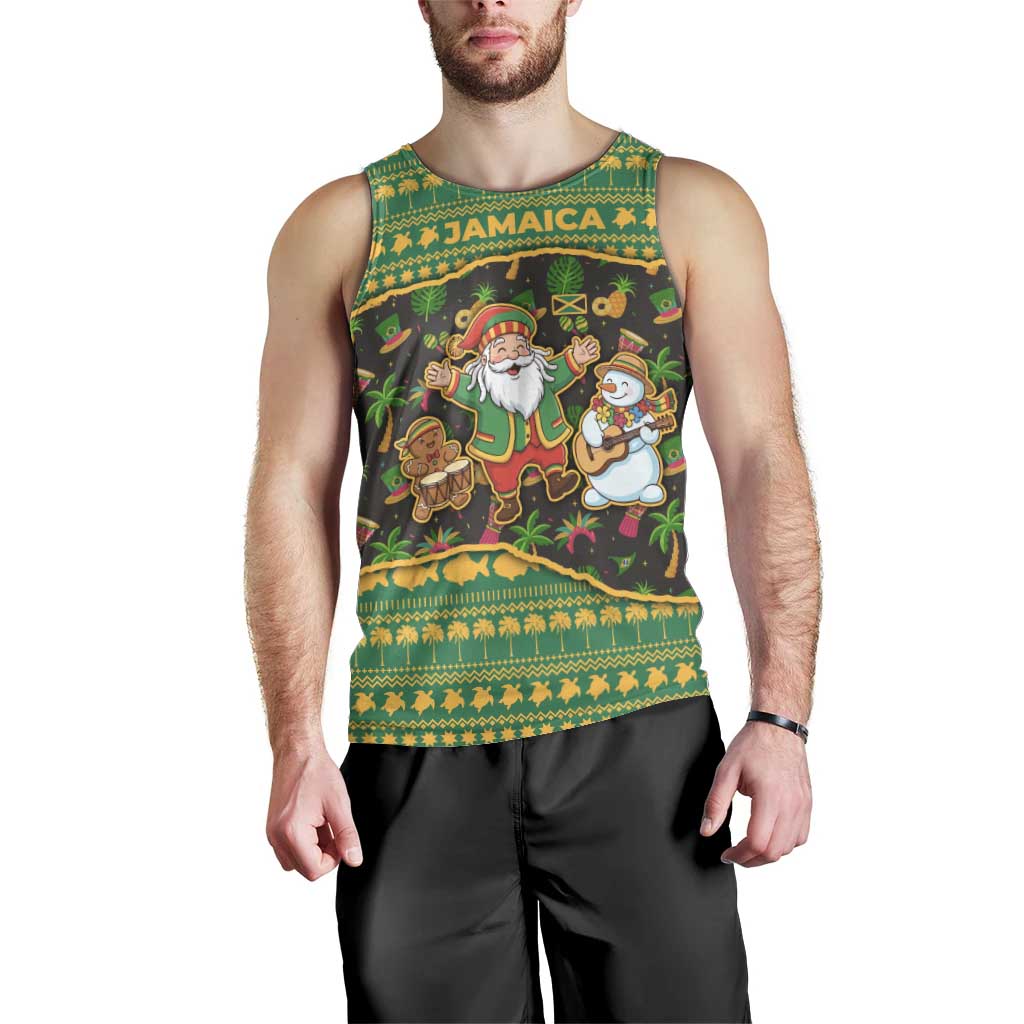 Jamaica Christmas Men Tank Top with Rasta Santa Snowman Gingerbread Drummer Palm Trees and Green Yellow Knit Pattern Design - Wonder Print Shop