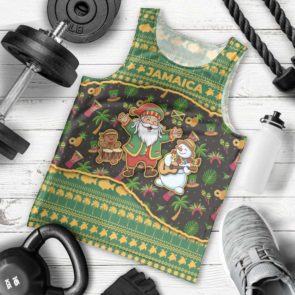Jamaica Christmas Men Tank Top with Rasta Santa Snowman Gingerbread Drummer Palm Trees and Green Yellow Knit Pattern Design - Wonder Print Shop