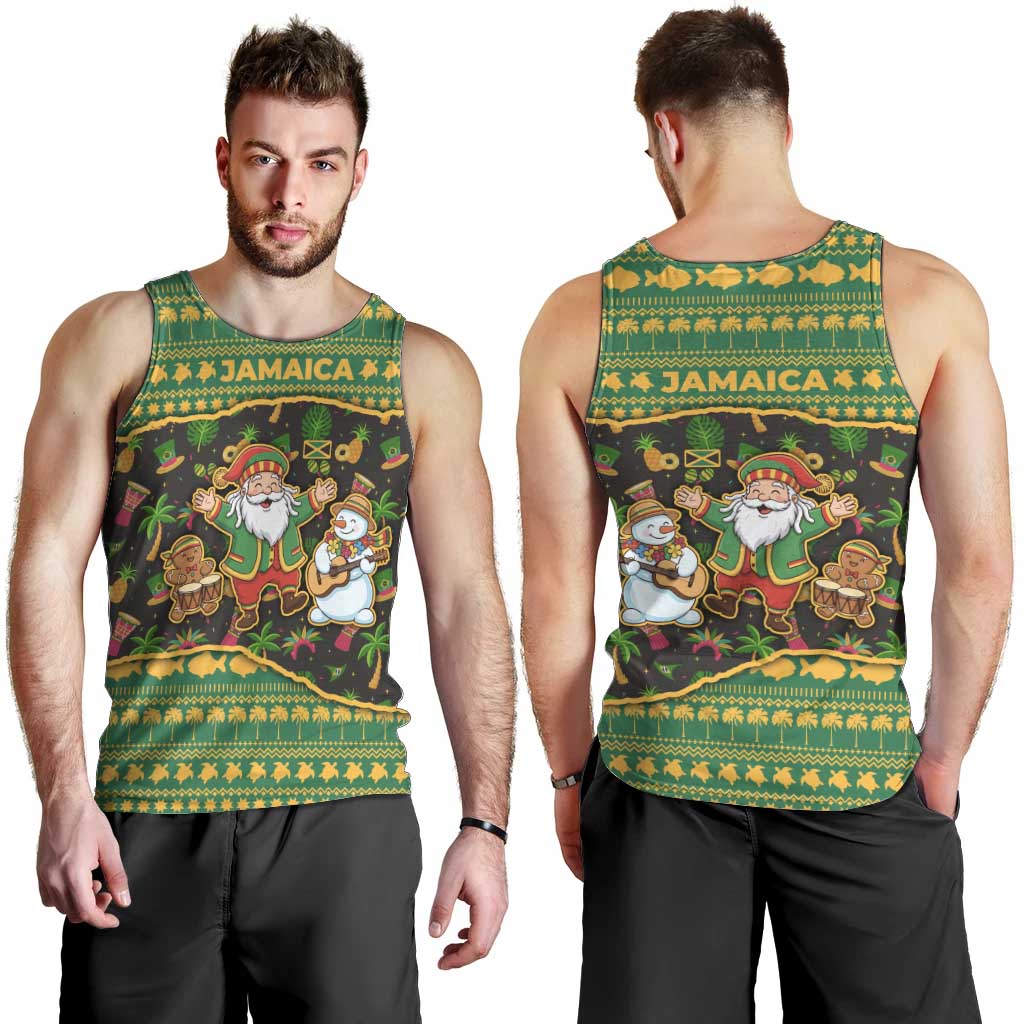 Jamaica Christmas Men Tank Top with Rasta Santa Snowman Gingerbread Drummer Palm Trees and Green Yellow Knit Pattern Design - Wonder Print Shop