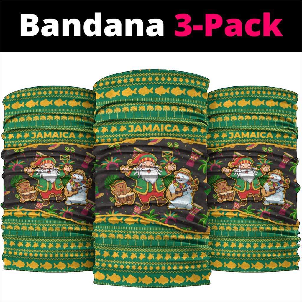 Jamaica Christmas Neck Gaiter with Rasta Santa Snowman Gingerbread Drummer Palm Trees and Green Yellow Knit Pattern Design - Wonder Print Shop