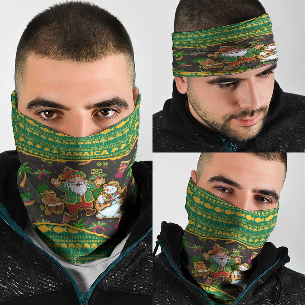 Jamaica Christmas Neck Gaiter with Rasta Santa Snowman Gingerbread Drummer Palm Trees and Green Yellow Knit Pattern Design - Wonder Print Shop