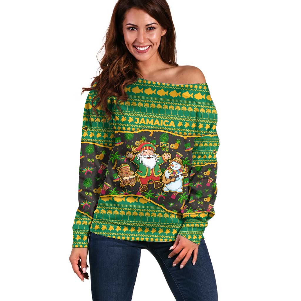 Jamaica Christmas Off Shoulder Sweater with Rasta Santa Snowman Gingerbread Drummer Palm Trees and Green Yellow Knit Pattern Design - Wonder Print Shop