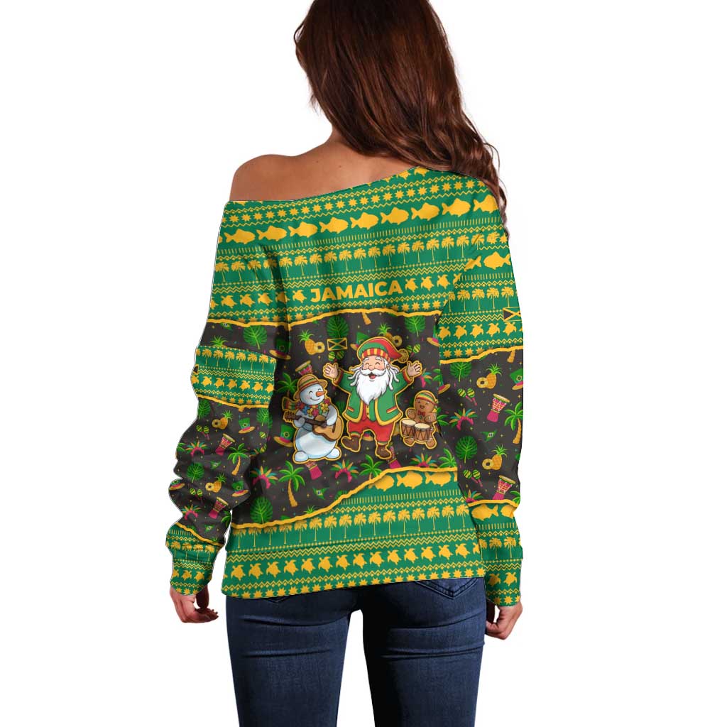 Jamaica Christmas Off Shoulder Sweater with Rasta Santa Snowman Gingerbread Drummer Palm Trees and Green Yellow Knit Pattern Design - Wonder Print Shop