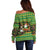 Jamaica Christmas Off Shoulder Sweater with Rasta Santa Snowman Gingerbread Drummer Palm Trees and Green Yellow Knit Pattern Design - Wonder Print Shop