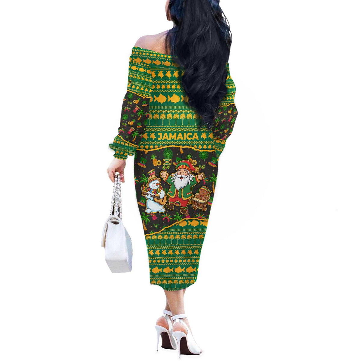 Jamaica Christmas Off The Shoulder Long Sleeve Dress with Rasta Santa Snowman Gingerbread Drummer Palm Trees and Green Yellow Knit Pattern Design - Wonder Print Shop