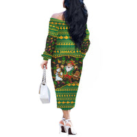 Jamaica Christmas Off The Shoulder Long Sleeve Dress with Rasta Santa Snowman Gingerbread Drummer Palm Trees and Green Yellow Knit Pattern Design - Wonder Print Shop