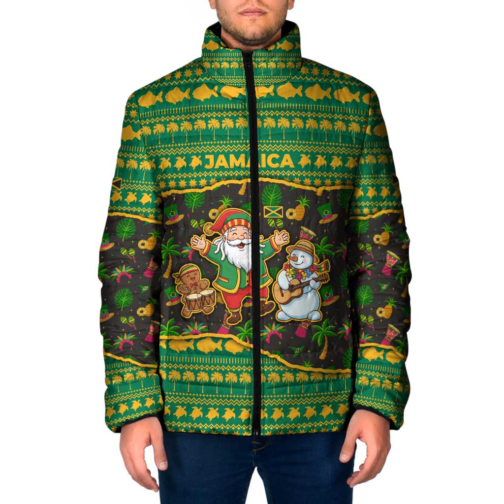 Jamaica Christmas Padded Jacket with Rasta Santa Snowman Gingerbread Drummer Palm Trees and Green Yellow Knit Pattern Design - Wonder Print Shop