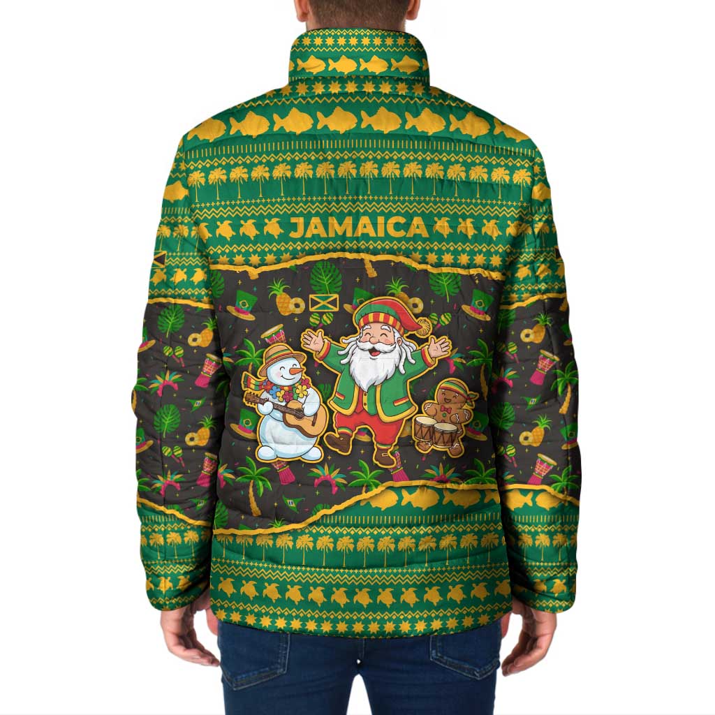 Jamaica Christmas Padded Jacket with Rasta Santa Snowman Gingerbread Drummer Palm Trees and Green Yellow Knit Pattern Design - Wonder Print Shop
