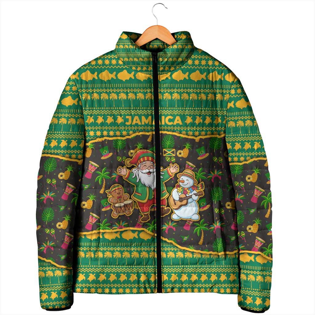 Jamaica Christmas Padded Jacket with Rasta Santa Snowman Gingerbread Drummer Palm Trees and Green Yellow Knit Pattern Design - Wonder Print Shop