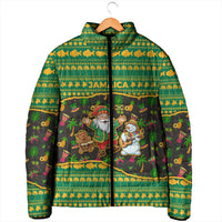 Jamaica Christmas Padded Jacket with Rasta Santa Snowman Gingerbread Drummer Palm Trees and Green Yellow Knit Pattern Design - Wonder Print Shop