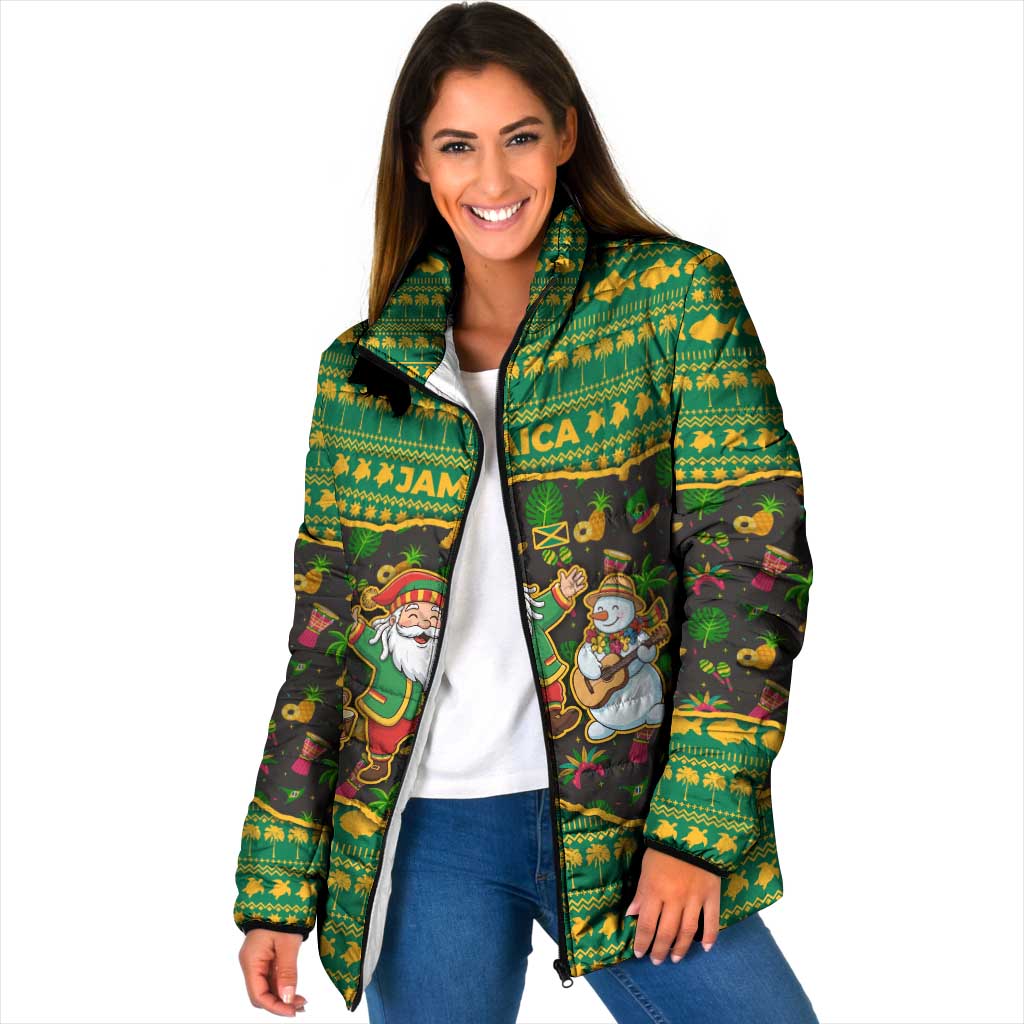 Jamaica Christmas Padded Jacket with Rasta Santa Snowman Gingerbread Drummer Palm Trees and Green Yellow Knit Pattern Design - Wonder Print Shop