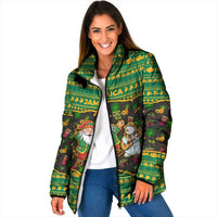 Jamaica Christmas Padded Jacket with Rasta Santa Snowman Gingerbread Drummer Palm Trees and Green Yellow Knit Pattern Design - Wonder Print Shop