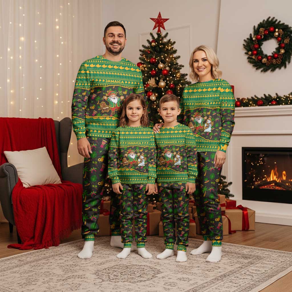 Jamaica Christmas Pajama Set with Rasta Santa Snowman Gingerbread Drummer Palm Trees and Green Yellow Knit Pattern Design - Wonder Print Shop