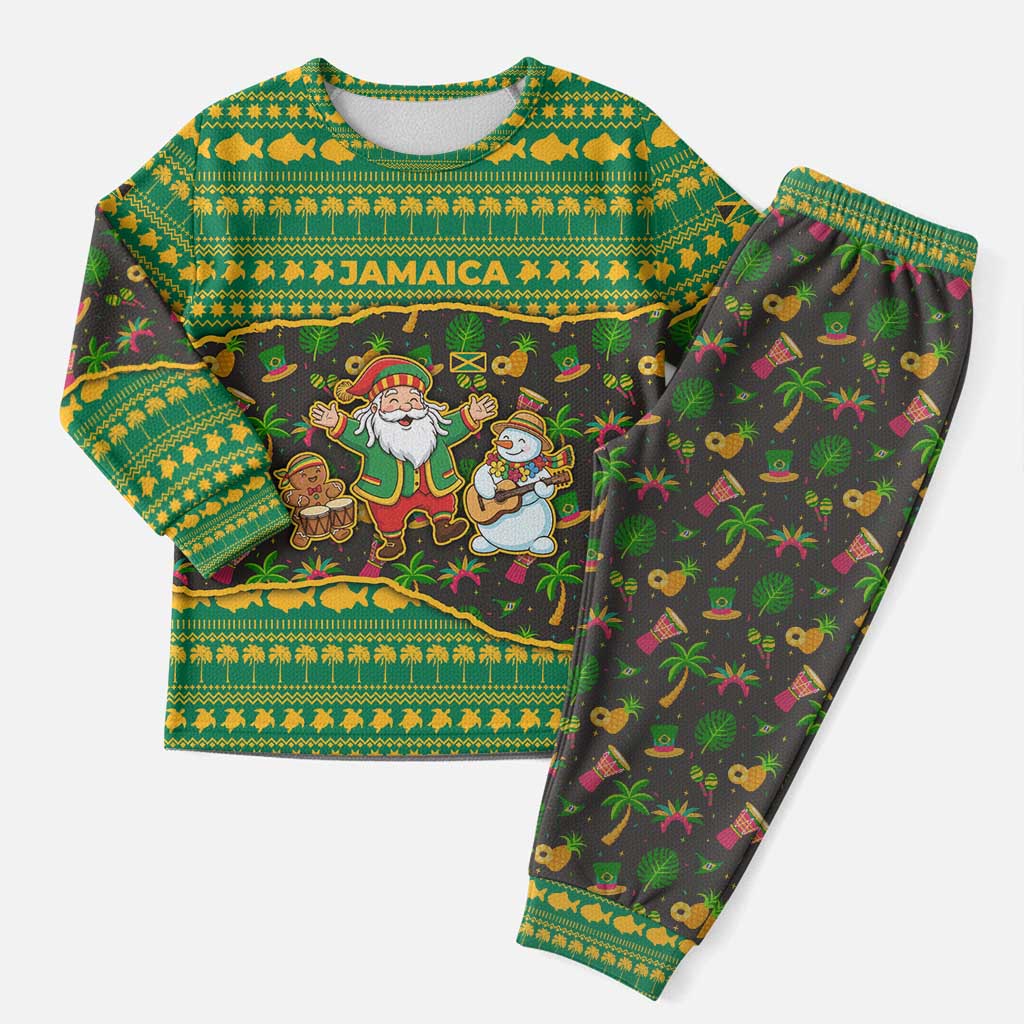 Jamaica Christmas Pajama Set with Rasta Santa Snowman Gingerbread Drummer Palm Trees and Green Yellow Knit Pattern Design - Wonder Print Shop