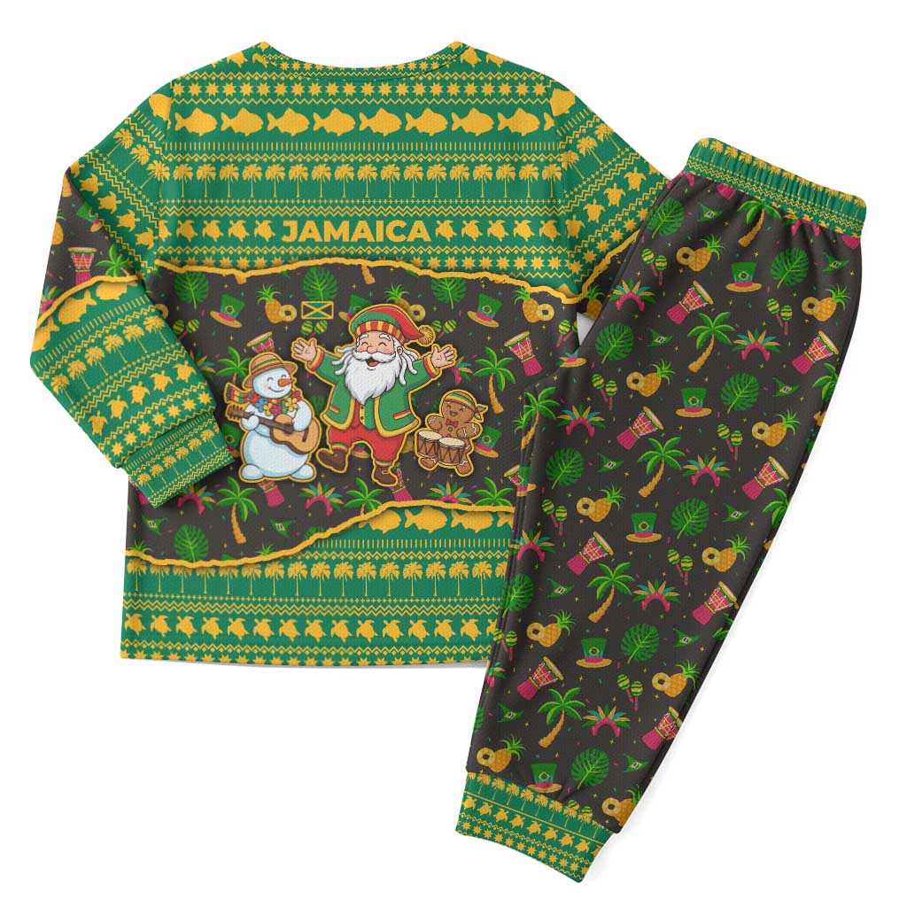 Jamaica Christmas Pajama Set with Rasta Santa Snowman Gingerbread Drummer Palm Trees and Green Yellow Knit Pattern Design - Wonder Print Shop