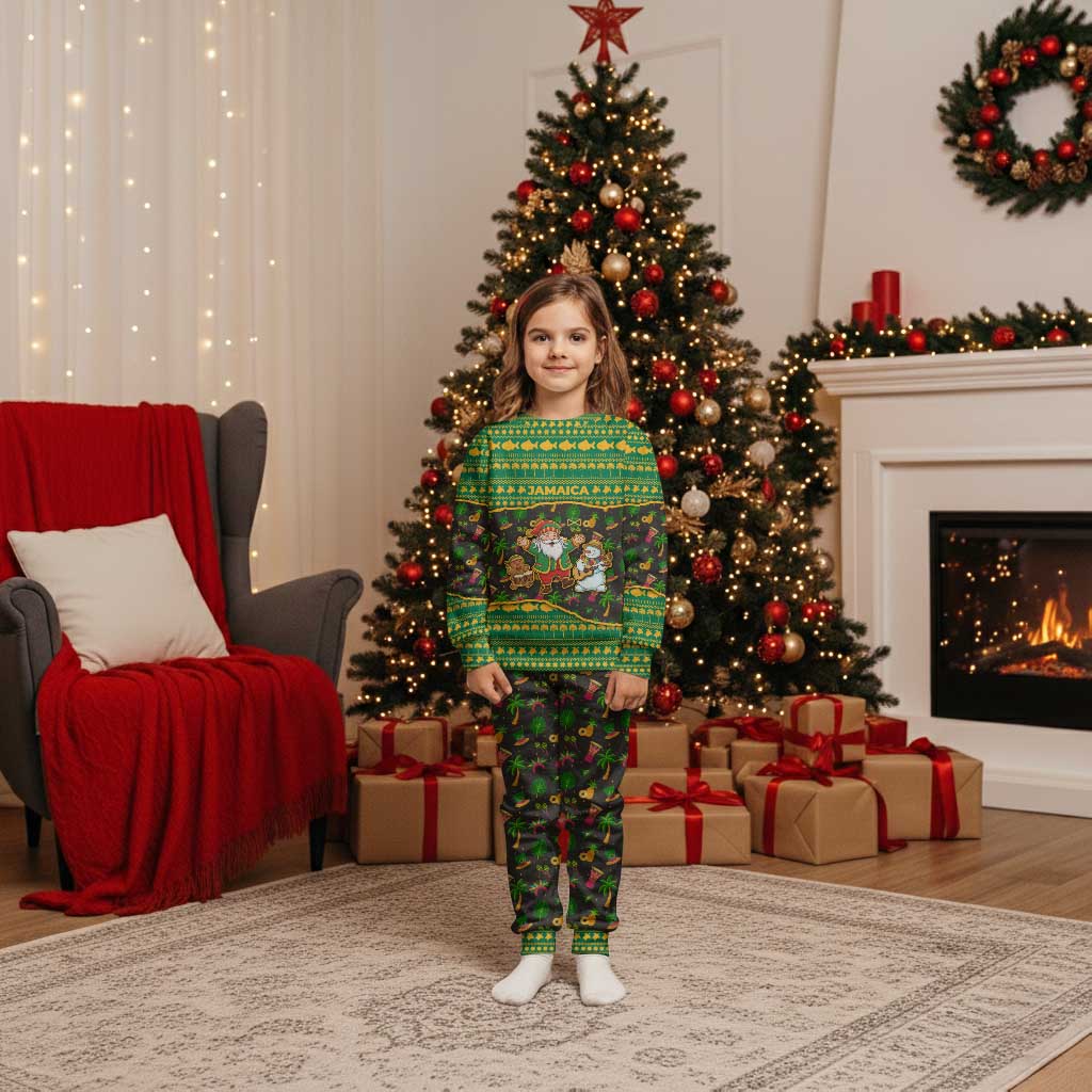 Jamaica Christmas Pajama Set with Rasta Santa Snowman Gingerbread Drummer Palm Trees and Green Yellow Knit Pattern Design - Wonder Print Shop