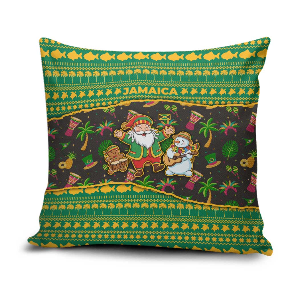 Jamaica Christmas Pillow Cover with Rasta Santa Snowman Gingerbread Drummer Palm Trees and Green Yellow Knit Pattern Design - Wonder Print Shop