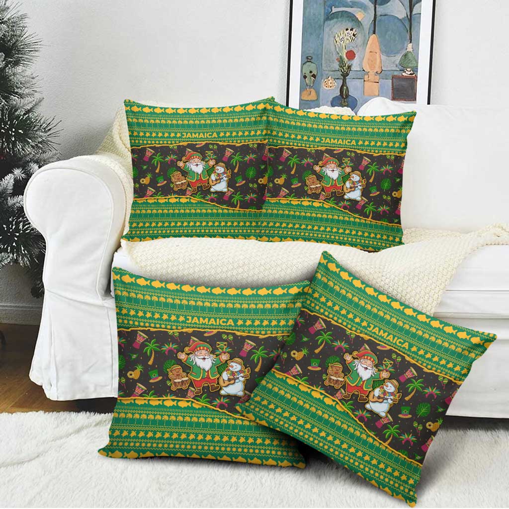 Jamaica Christmas Pillow Cover with Rasta Santa Snowman Gingerbread Drummer Palm Trees and Green Yellow Knit Pattern Design - Wonder Print Shop