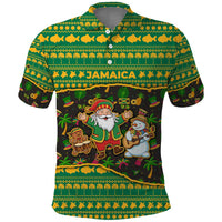 Jamaica Christmas Polo Shirt with Rasta Santa Snowman Gingerbread Drummer Palm Trees and Green Yellow Knit Pattern Design - Wonder Print Shop