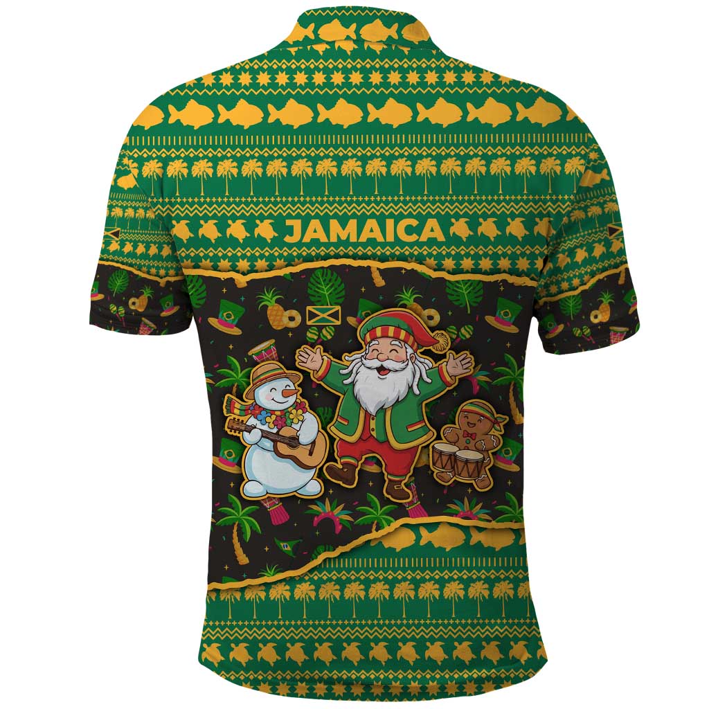 Jamaica Christmas Polo Shirt with Rasta Santa Snowman Gingerbread Drummer Palm Trees and Green Yellow Knit Pattern Design - Wonder Print Shop