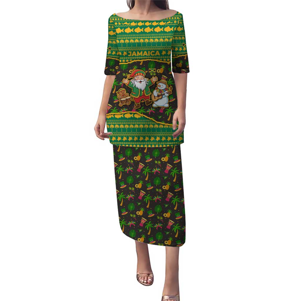 Jamaica Christmas Puletasi with Rasta Santa Snowman Gingerbread Drummer Palm Trees and Green Yellow Knit Pattern Design - Wonder Print Shop