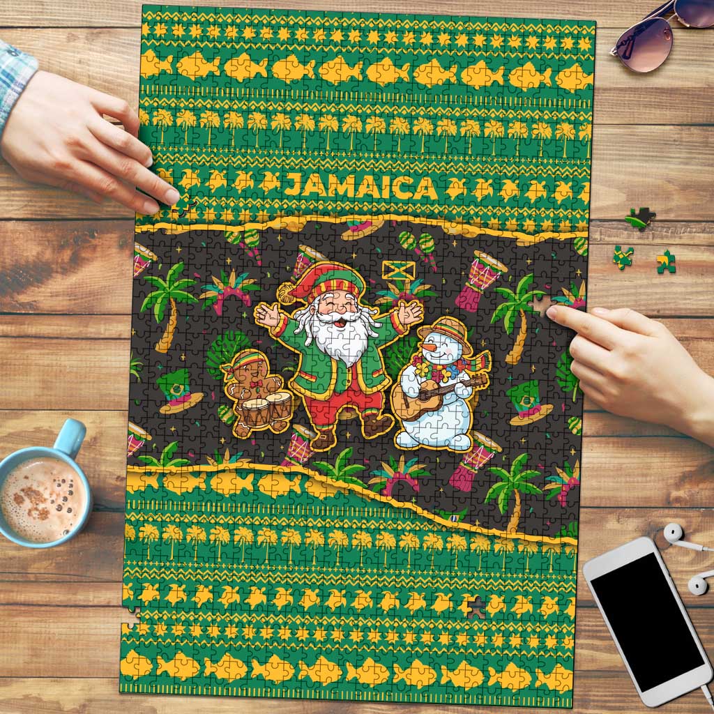 Jamaica Christmas Puzzle with Rasta Santa Snowman Gingerbread Drummer Palm Trees and Green Yellow Knit Pattern Design - Wonder Print Shop