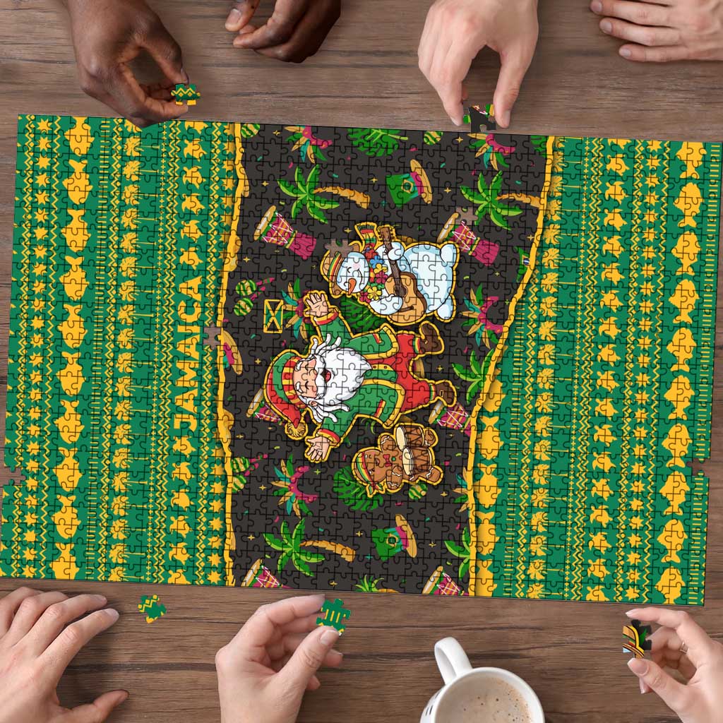 Jamaica Christmas Puzzle with Rasta Santa Snowman Gingerbread Drummer Palm Trees and Green Yellow Knit Pattern Design - Wonder Print Shop