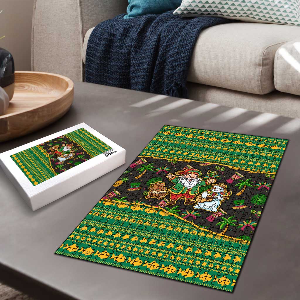 Jamaica Christmas Puzzle with Rasta Santa Snowman Gingerbread Drummer Palm Trees and Green Yellow Knit Pattern Design - Wonder Print Shop