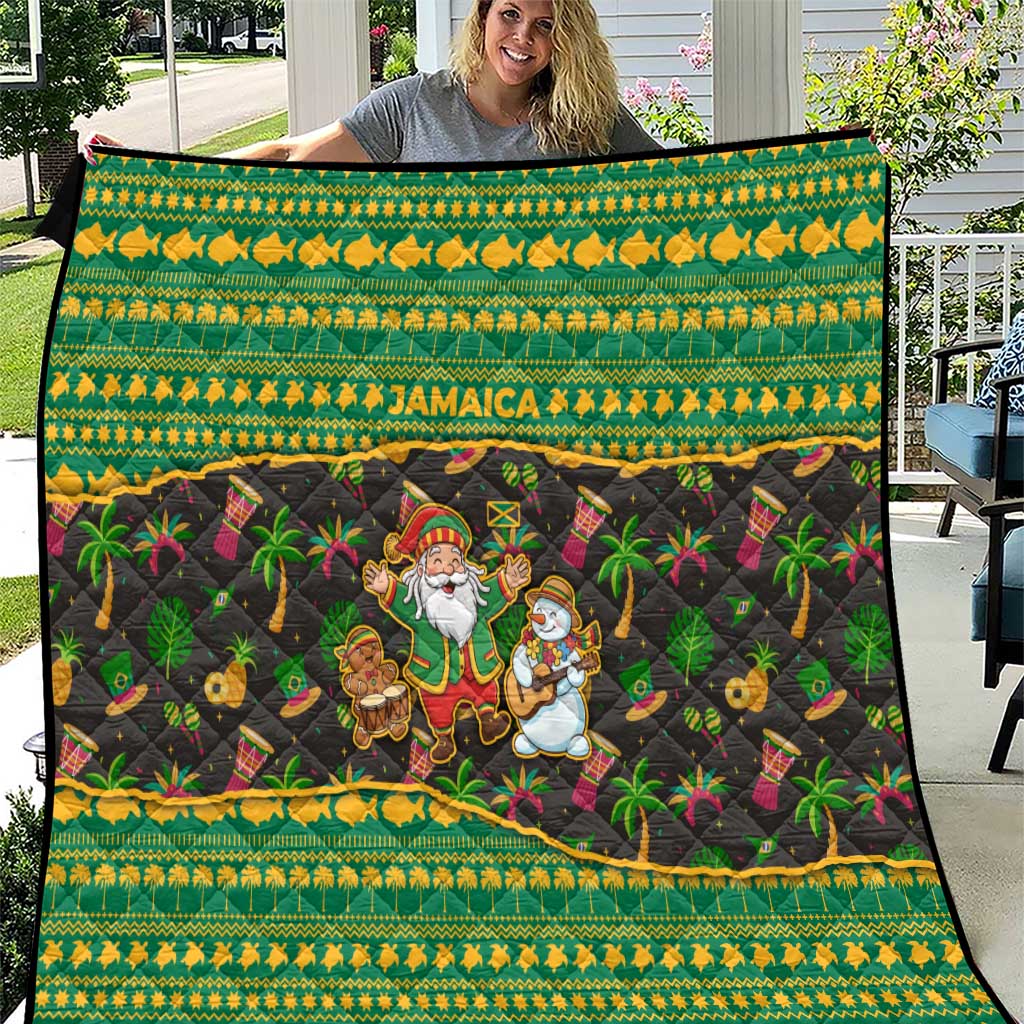 Jamaica Christmas Quilt with Rasta Santa Snowman Gingerbread Drummer Palm Trees and Green Yellow Knit Pattern Design - Wonder Print Shop