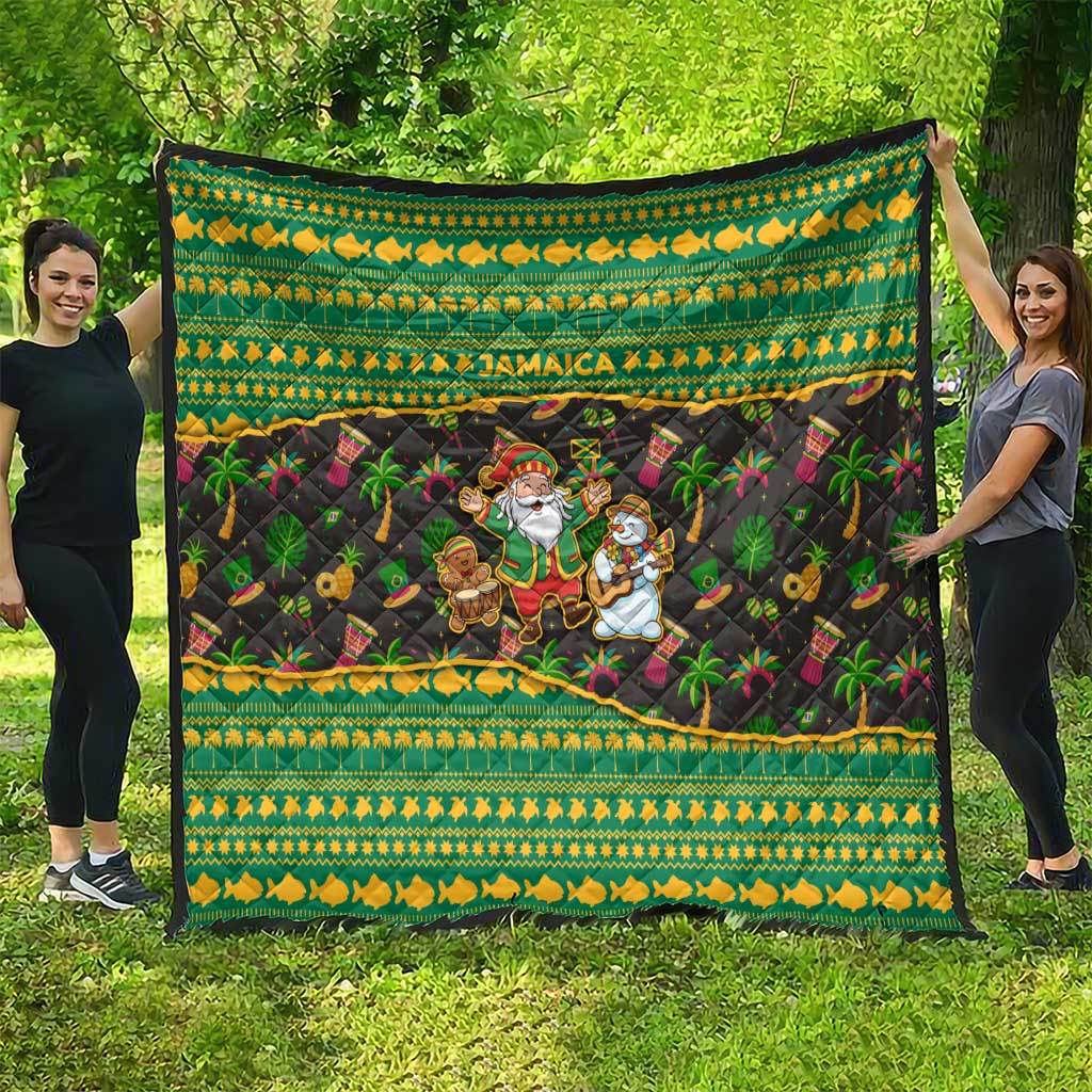 Jamaica Christmas Quilt with Rasta Santa Snowman Gingerbread Drummer Palm Trees and Green Yellow Knit Pattern Design - Wonder Print Shop