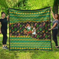 Jamaica Christmas Quilt with Rasta Santa Snowman Gingerbread Drummer Palm Trees and Green Yellow Knit Pattern Design - Wonder Print Shop