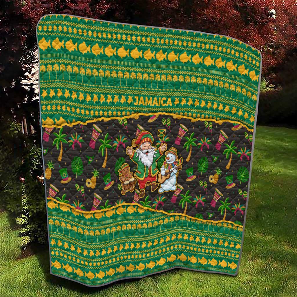 Jamaica Christmas Quilt with Rasta Santa Snowman Gingerbread Drummer Palm Trees and Green Yellow Knit Pattern Design - Wonder Print Shop