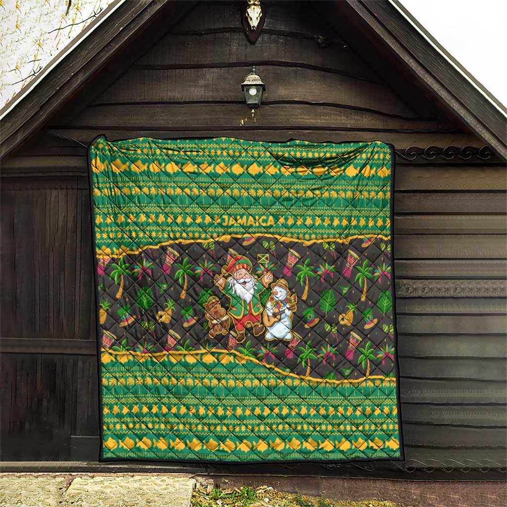 Jamaica Christmas Quilt with Rasta Santa Snowman Gingerbread Drummer Palm Trees and Green Yellow Knit Pattern Design - Wonder Print Shop